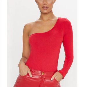 PLT Red One Shoulder Long Sleeve Bodysuit